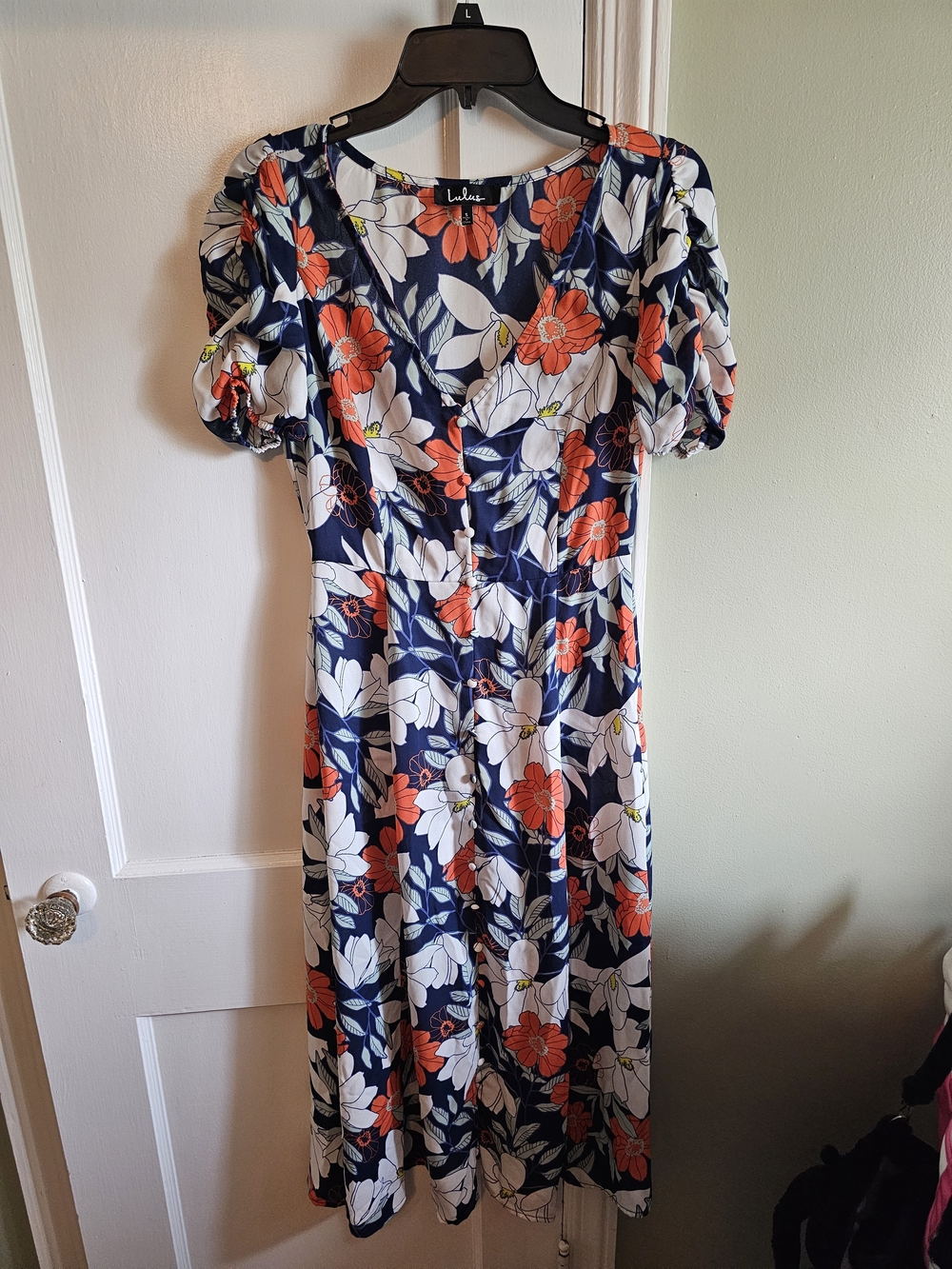 Lulu's Navy Floral Midi Dress with Orange & White Blooms